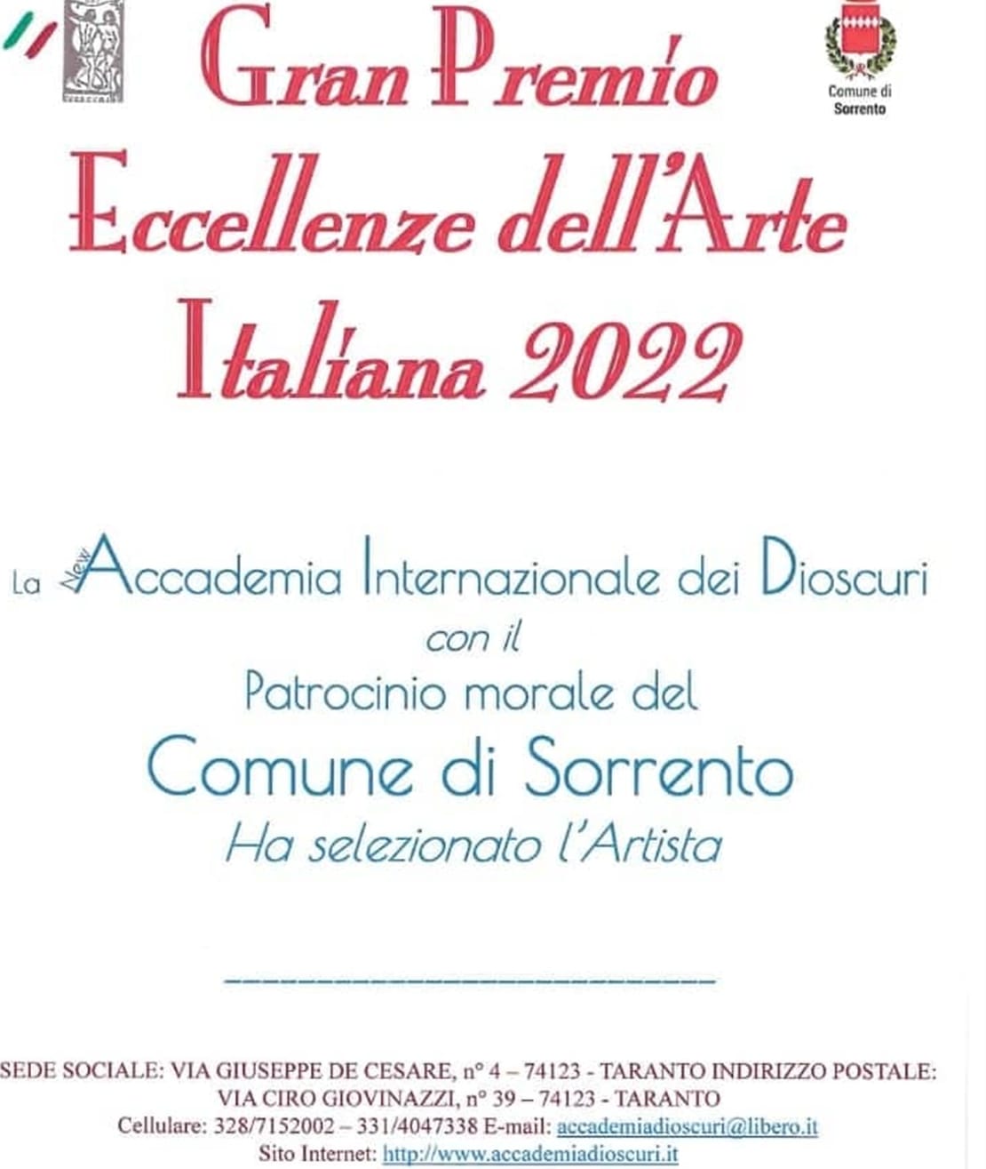A Sorrento l’evento ” Gran Premio Eccellenza dell’Arte Italiana 2022″ organizzato dall’ Accademia dei Dioscuri